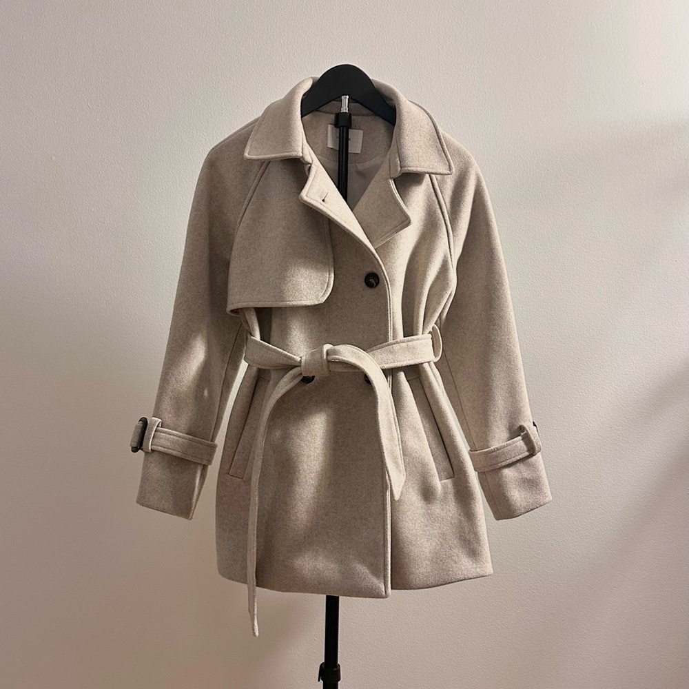 1st Place Beige Double Breasted Woolen Belted Mid Length Trench Coat Size S(?)